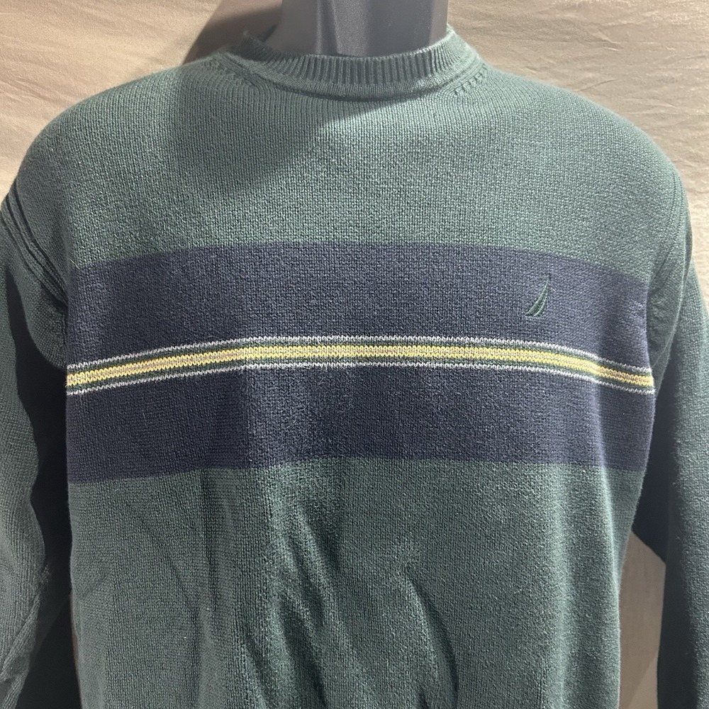 Nautica Men Medium Green Striped Crewneck Sweater Cotton J-Class Preppy Pullover